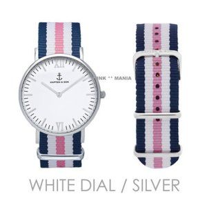 Kapten & Son Campus Sail Watch. Anchor Face. Navy Blue & Pink Nylon Ribbon Band